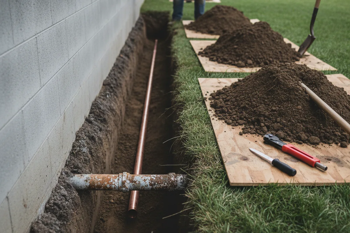 Excavated water line trench during Sewer Line Repair in Corona